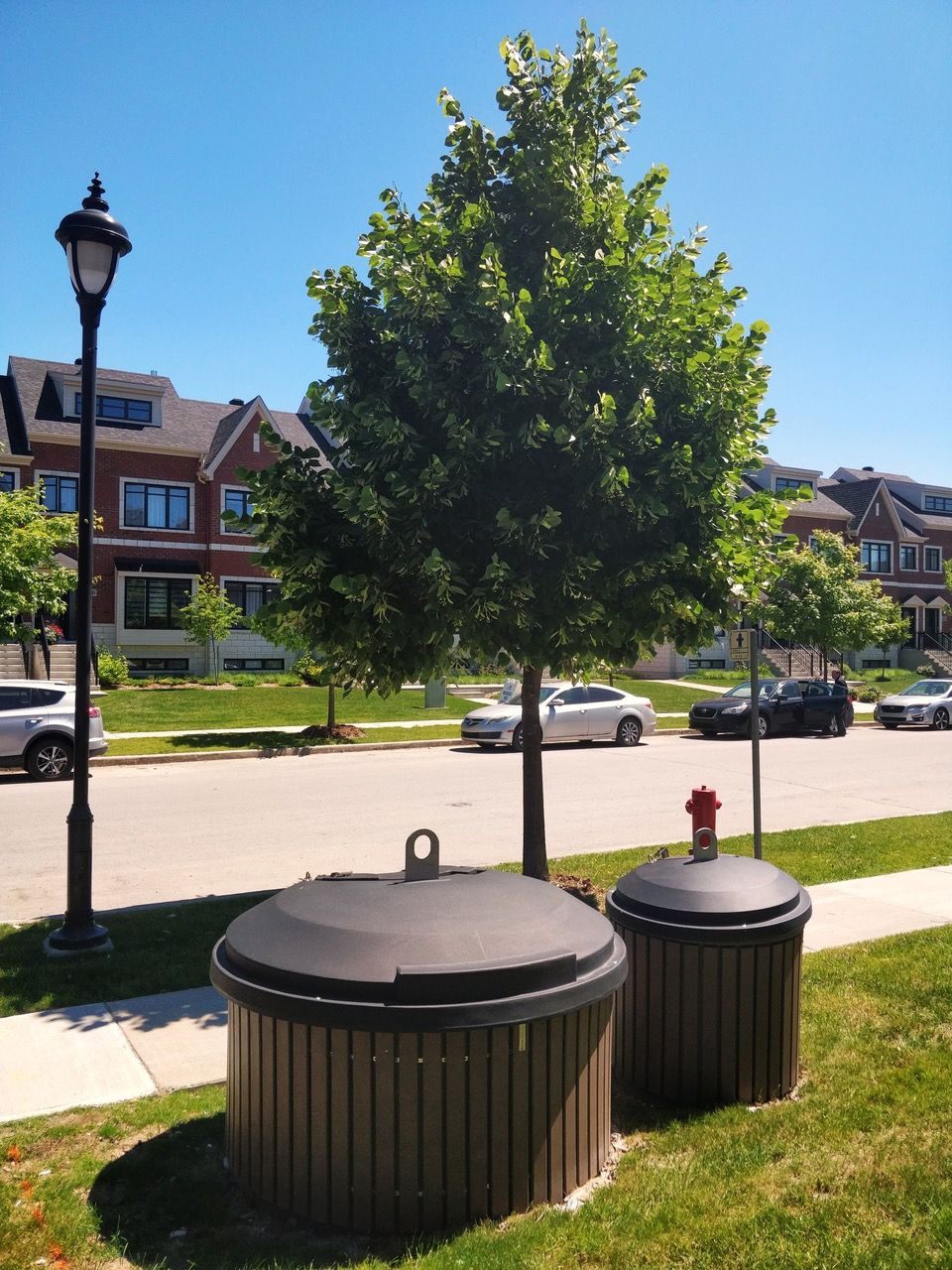 Deux conteneurs semi-enfouis TOTEM en bordure de rue dans un quartier résidentiel
